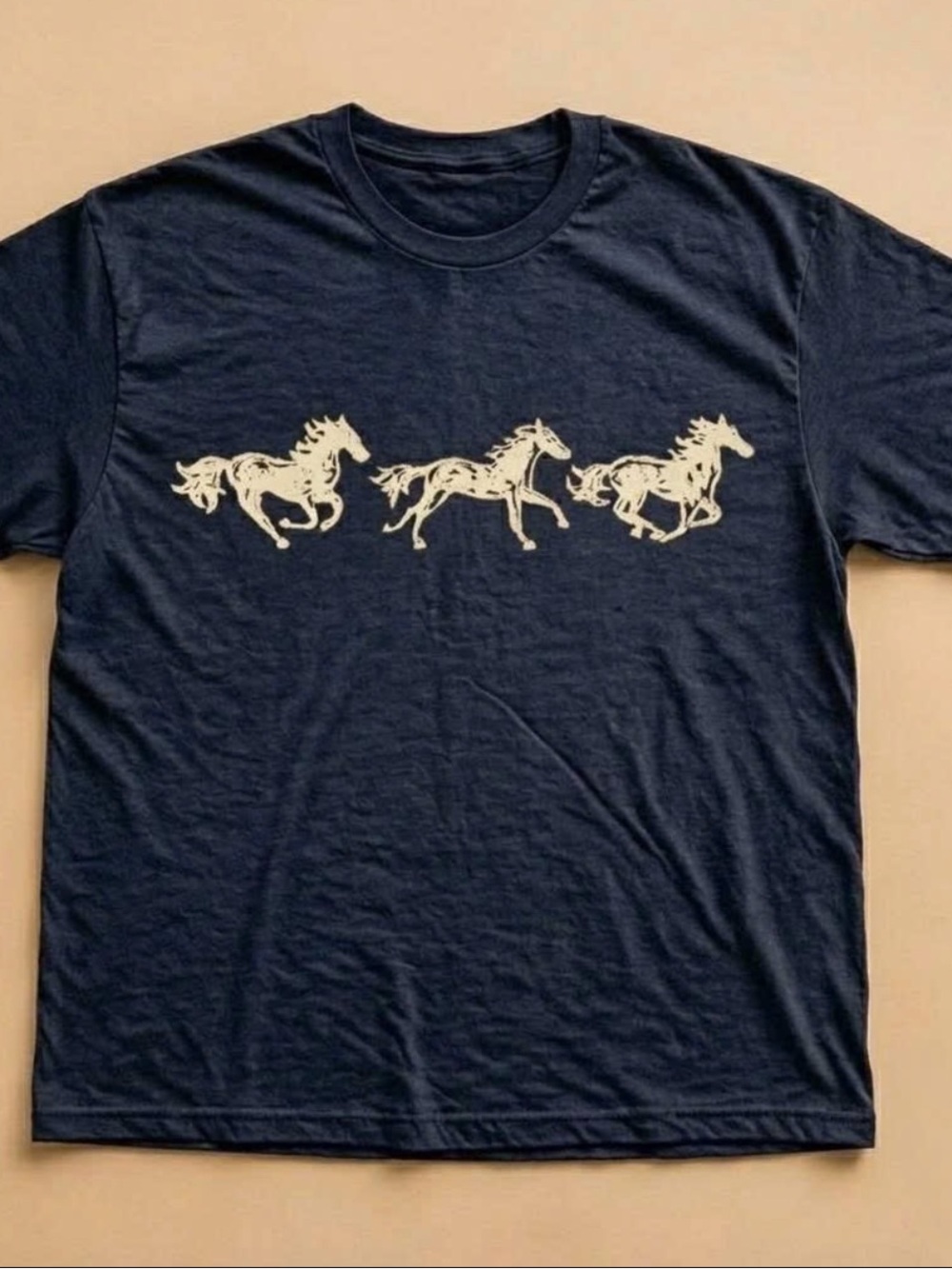 Navy Short-Sleeve Tee with Cream Horse Trio Graphic